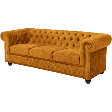 Divano dritto EDGAR – Giallo senape – 3 posti – Velluto stile barocco
