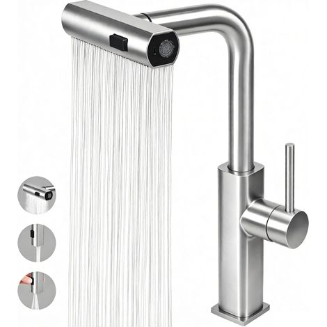 Robinet Cuisine Cascade avec 3 Modes Robinet de Cuisine cascade de Rotatif à 360° Mitigeur Cuisine avec Douchette Extractible 60cm robinet d'évier en Acier Inoxydable (1/5)