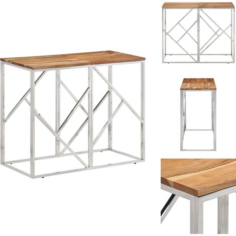 Table console argenté acier inoxydable et bois massif d'acacia - Table Basse - Table D'appoint - Table Console - Meubles Salon - Décoration Intérieur (1/5)
