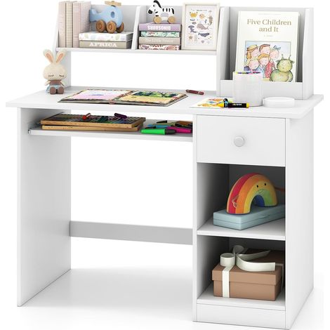 COSTWAY Bureau Enfants en Bois avec Etagères & Niche, Bureau d'Etude Enfants avec Plateau à Clavier, Dispositif Anti-basculement & Patins Antidérapants, Charge 100kg, 90x45x90cm (1/5)