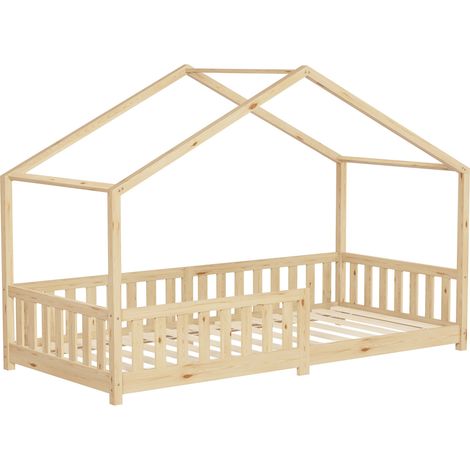 ML-Design Letto a Casetta per Bambini 90x200 cm Naturale in Legno Massello di Pino con Sponda di Sicurezza Rete a Doghe e Tetto, Struttura Bassa a Capanna Montessori per Cameretta