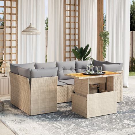 Set sofás de jardín 7 piezas y cojines ratán sintético beige vidaXL (1/3)