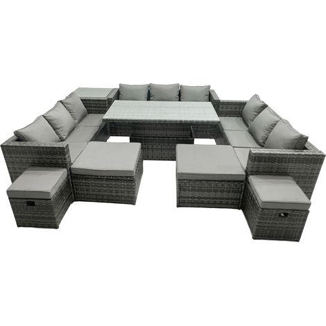 Fimous Rattan Dining Table Sofa Set with Side Table 4 Stools Outdoor 13 Seat Garden Furniture Set Dark Grey Mixed (1/5)