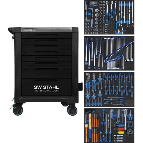 SW-Stahl Z3114 Profi Werkstattwagen TT801 schwarz I 8 Schubladen I 4 Schubladen gefüllt I 246 teilig I Werkstatt Rollwagen mit Werkzeug bestückt I Twin-Lock I Werkstattwagen kit I voll ausgestattet (1/5)
