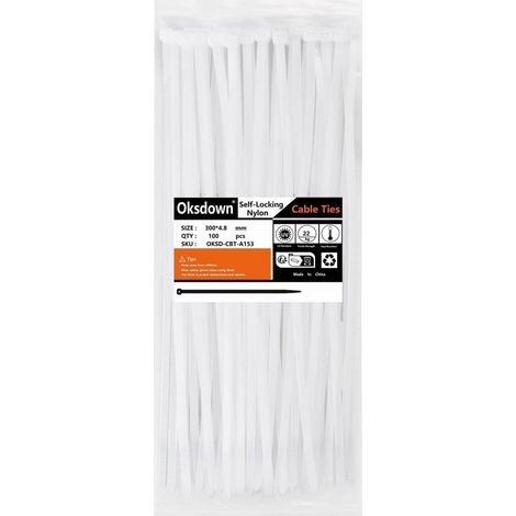 Colliers de serrage nylon 300mm x 4.8mm, lot de 100, résistants UV, 22kg (1/5)
