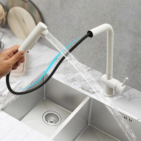 Abnehmbarer Küchenhahn aus weißem Edelstahl mit 2 Sprühmodi, ausnehmbarer Warmwasserhahn, 26  39cm