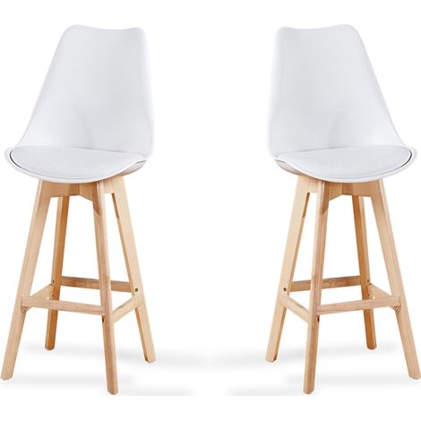Designetsamaison – Lot de 2 tabourets de bar blancs – Hauteur d'assise 107 cm – Plastique renforcé et piètement bois – Style nordique scandinave (1/2)