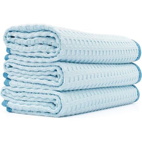 Mélange Professionnel coréen 70/30, Tissage gaufré, Serviettes de séchage et de Nettoyage, Bords en Daim Doux, 390 g/m², 40,6 x 61 cm, Bleu Clair (Lot de 3) (1/5)