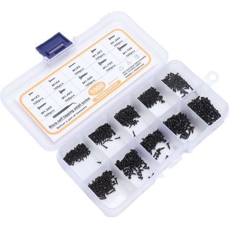 Assortiment de 1000 petites vis autotaraudeuses M1, M1.2, M1.4 et M1.7 à tête bombée noire avec pince à épiler (1/5)