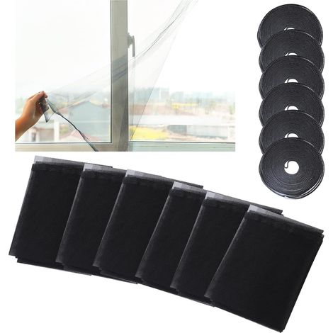 Lot de 6 moustiquaires pour fenêtre - 130 cm x 150 cm - Avec 6 rouleaux de ruban adhésif - Pour l'été - Noir (1/5)