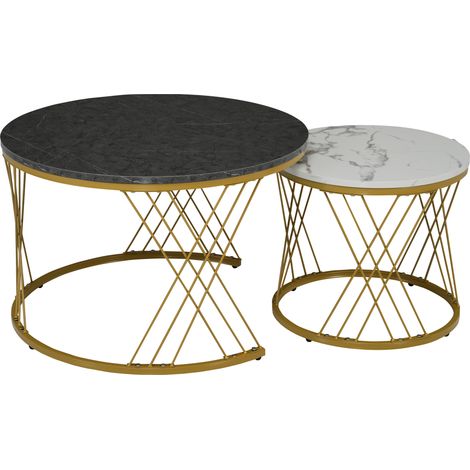 (WF300416AAA)Table basse gigogne moderne, lot de 2 tables basses effet marbre, tables d’appoint rondes pour canapé, structure couleur or (1/5)