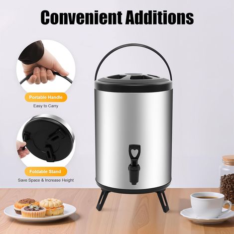 Distributeur de boissons 8 l avec robinet, récipient isotherme avec récipient intérieur en acier inoxydable 304, isolation en mousse PU, poignée de transport et trépied pliable pour boissons (1/5)