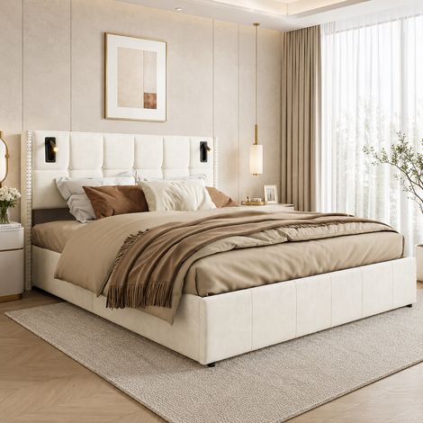 Lit double adulte 140 x 200 cm avec lampes de chevet - Lit coffre rembourré 140 x 200 - Velours beige - Sommier à lattes - Style scandinave (1/5)
