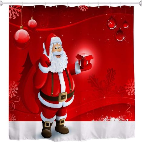 Père Noël Tenant Une Boîte-Cadeau Noël Décors De Vacances De Noël Fond Rouge Imprimer Rideau De Douche en Tissu De Polyester Imperméable avec Crochets pour Salle De Bains 150x180 cm (1/3)