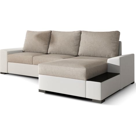 Canapé angle droit convertible tissu beige et simili blanc James 245cm (1/5)