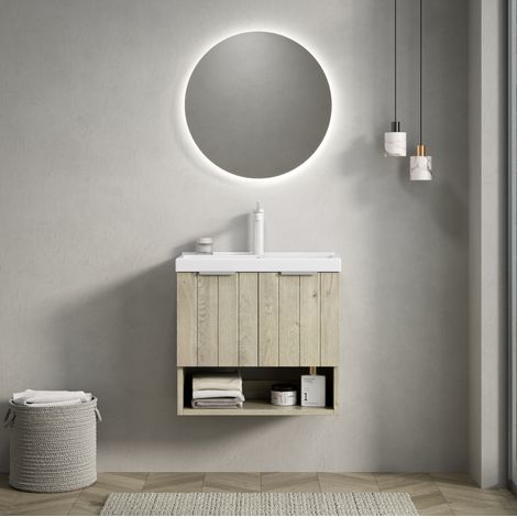 Mueble de baño suspendido 55 cm con lavabo integrado de cerámica blanca, 2 puertas y estante abierto, acabado roble claro (1/5)