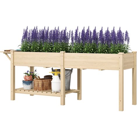 Quadratischer Hochbeetkasten mit 2 Tabletts und unterer Ablage, 207 x 59 x 78 cm, Naturholz