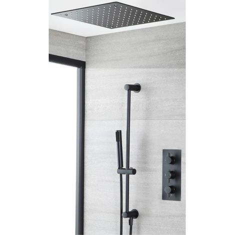 Milano Nero 2 Outlet Triple Thermostatic Mixer Shower Valve with Hand Shower Handset Slide Riser Rail Kit and Ceiling Mounted Recessed Rainfall Shower Head - Black (1/5)