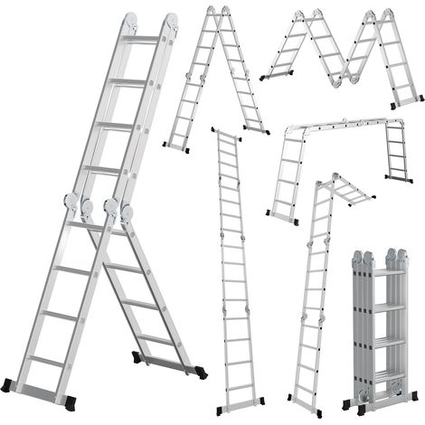 Randaco Escalera multiposición 7 en 1 de aluminio, 4x4 peldaños, aprox. 470 cm / 4,7 m, plegable, antideslizante, carga máxima 150 kg (1/5)