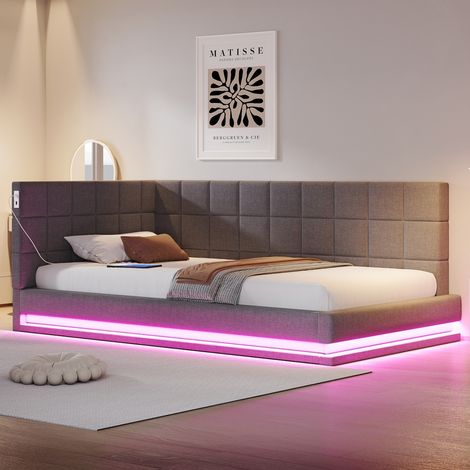 Canapé-lit en velours gris (90x200 cm) , avec bande LED, ports USB et sommier (1/4)