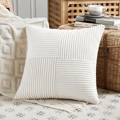 Lot de 1 Boho Housse de Coussin 40x40 Blanc Crème,à Motif Croisé Decoration Housses de Coussin en Velours Côtelé,Douillet Taie d'oreiller Housse Coussin Moderne pour Canapé Chambre Chaise Lit