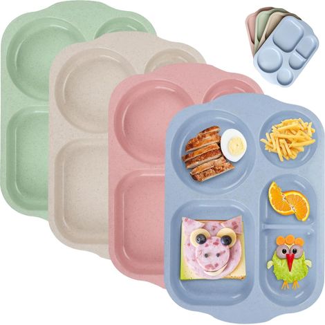 4-teiliges Teller-Set mit Trennfächern: Wiederverwendbares Teller-Set (22 cm) mit 3 Trennfächern, Trennfächern mit Löffeln und quadratischen Gabeln für Kinder und Erwachsene. (1/5)