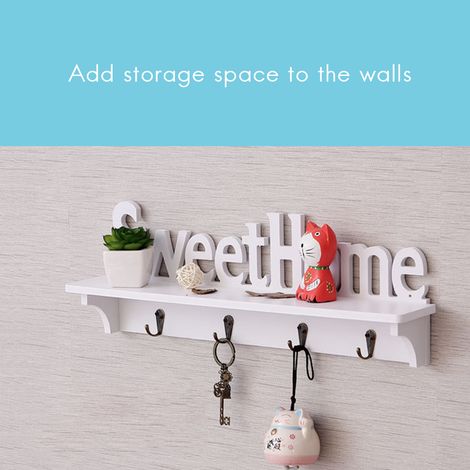[Porte-manteau mural avec étagère] + Sweet Home + avec support clavier + étagère de rangement bois plastique 47x17x8cm 4 crochets design vintage pour entrée (1/5)