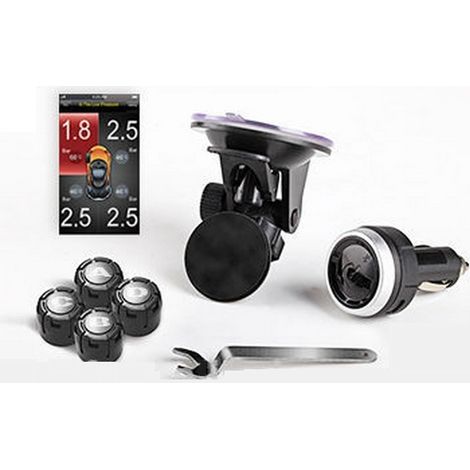 SPY - Sensores de presión de neumáticos TPMS para controlar mediante un smartphone con 4 sensores externos. Aplicación compatible solamente para iOS (Apple).