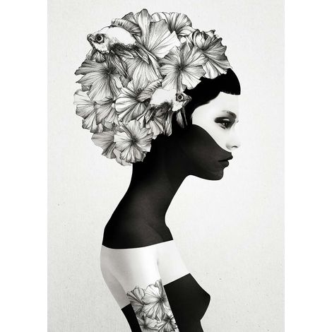 Tableau original femme & fleur pour déco salon | Tableau design sur toile noir & blanc | Tableau moderne pour chambre adulte - 0,5 x 0,7 m (1/2)