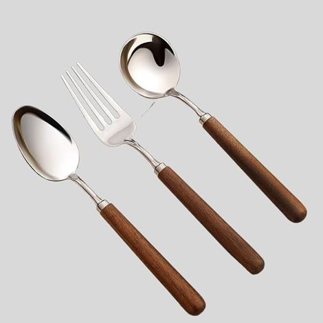Cuillère à fourche manche en noyer 304 ensemble de trois pièces en noyer inoxydable (cuillère à fourche à bout rond) (1/2)