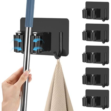 pezzi Porta scopa da parete, senza fori, con ganci regolabili, porta scopa da parete in acciaio inox per cucina, balcone, bagno, giardino, garage (nero) (1/4)