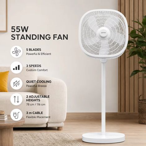 Ventilateur sur Pied 55W avec 5 Pales, 3 Vitesses, Oscillation, Hauteur Réglable 78-116 cm, Câble 3 m (1/5)