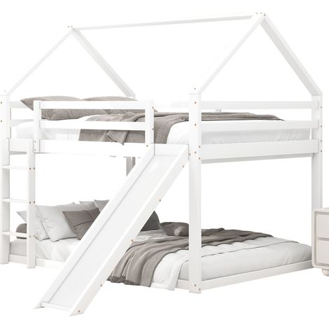 Cama alta infantil tipo casa con tobogán y escalera intercambiables, para colchón 140x200 cm, estructura de madera y MDF, color blanco, para dos niños – CHICFURN (1/5)