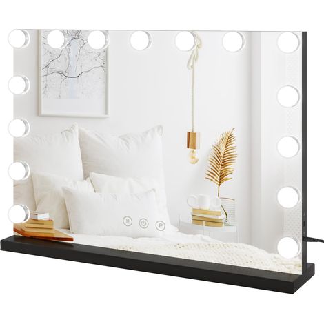 Miroir Maquillage Hollywood LED - 15 Ampoules, 3 Modes Lumineux, Contrôle Tactile, Luminosité Réglable, Port USB, 58 x 45cm - Noir (1/5)