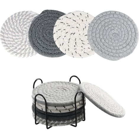 CSPARKV 8er-Set Untersetzer mit Halter, saugfähige Baumwolluntersetzer, runde geflochtene Untersetzer, böhmische Untersetzer, Untersetzer für Couchtisch, für Tassen (grau)