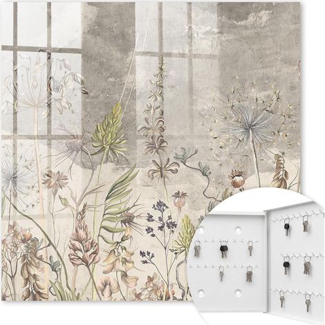 Armoire à clés - (30 cm x 30 cm) - Boîte à clés murale - Coffret de rangement pour clés - Couleur blanche - Ouverture vers la droite - Pour maison et bureau - Plantes anciennes