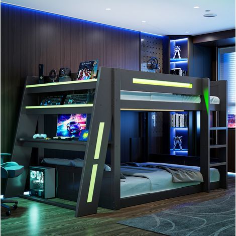 Lit superposé 140x200 cm avec bureau, 2 étagères, ports USB et LED, en bois, noir, sans matelas (1/5)