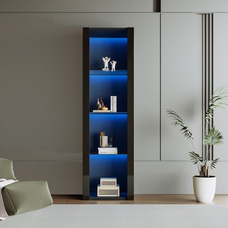 Vitrine noire brillante LED 3 portes verre 55x38x166cm, armoire haute rangement sur pied (1/5)