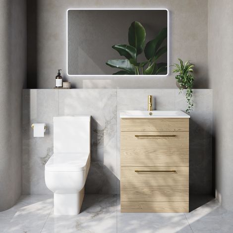 Napoli 460 Light Oak 600mm 2 Drawer Vanity Unit and Tacoma Comfort Height Toilet Suite with Angel Basin - 600mm - Brushed Brass 320mm Handle