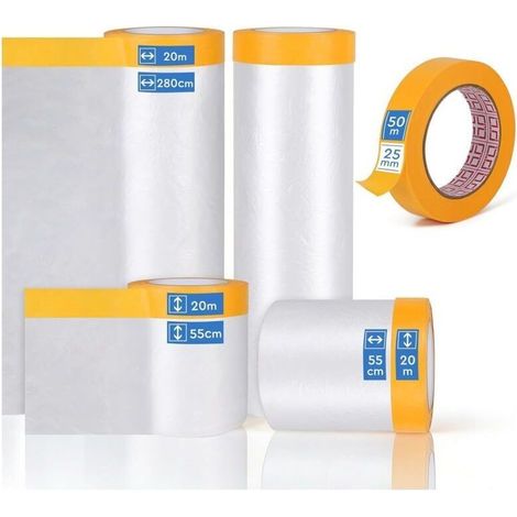 4 Rouleaux de Bache Protection Peinture avec Ruban Masquage Adhésif 280 cm x 20 m x 1, 150 cm x 20 m x 1, 55 cm x 20 m x 2 de Film de Masquage et 1 Masking Tape 25 mm x 50 m (1/5)