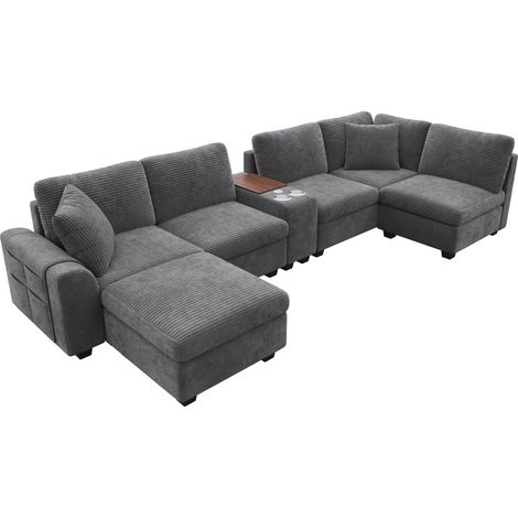 Canapé d'angle modulaire en C ou L 6 places avec ottomane de rangement, console centrale mobile avec porte-gobelets et ports USB/Type-C, tissu velours côtelé gris (1/5)