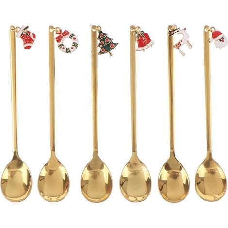 Cuillères de Noël, ensemble de 6 cuillères de cuisine en acier inoxydable avec breloque de Noël, cuillère à café, cuillère à café, cuillère à dessert, avec emballage cadeau (couleur or) (1/5)