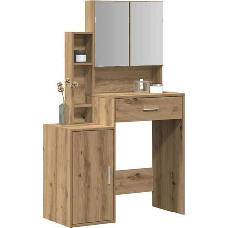 Coiffeuse en Chêne Massif avec Miroir, Meuble de Toilette Rustique 80x35x132 cm, Table de Maquillage avec Tiroirs et Rangement pour Chambre (1/5)