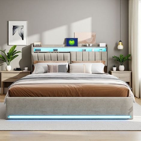 Bettkasten 140x190 cm - TANANT - Graues Velvet - Eingebaute LED - Hydraulische Aufbewahrung