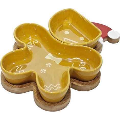 Antipastiera Natalizia 2 scomparti in Ceramica base in legno biscotto omino pan di zenzero Set 3 pezzi vassoio e 2 ciotole aperitivo design festivo idea regalo perfetta per tavola e feste (1/5)