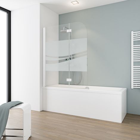 Schulte – Pare-baignoire pliant en verre 5 mm – Décor sérigraphié liane – Dimensions 112 x 140 cm – Écran pivotant – Profilé blanc – 2 volets rabattables