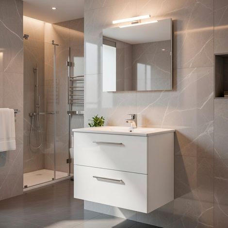 Mobile Mobiletto Bagno Sospeso Con 2 Cassettoni Soft Close Lavabo in Ceramica Monoforo Con Troppopieno E Specchio Con Led Da 30 Cm Design Moderno 80 x 45 x 57 Cm Colore Bianco - Set: Mobile Lavabo e S