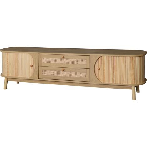 Mueble TV de madera natural con puertas, cajones y ratán, 170 x 39,5 x 46 cm, MODENUIT (1/5)