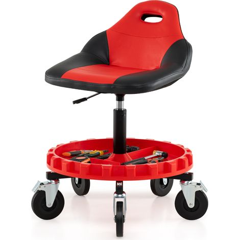 COSTWAY Rolling Garage Stool Mechanic Stool on Wheels w/Tool Tray Storage-Red (1/5)