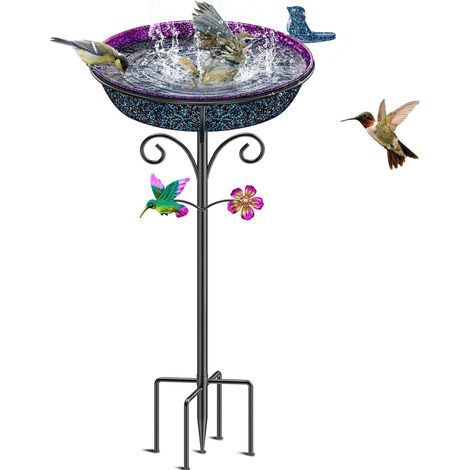 Bain d'oiseaux en métal pour l'extérieur, autoportant, bol pour oiseaux, bain d'oiseaux vintage pour extérieur, cour, jardin, pelouse, décoration (violet) (1/5)
